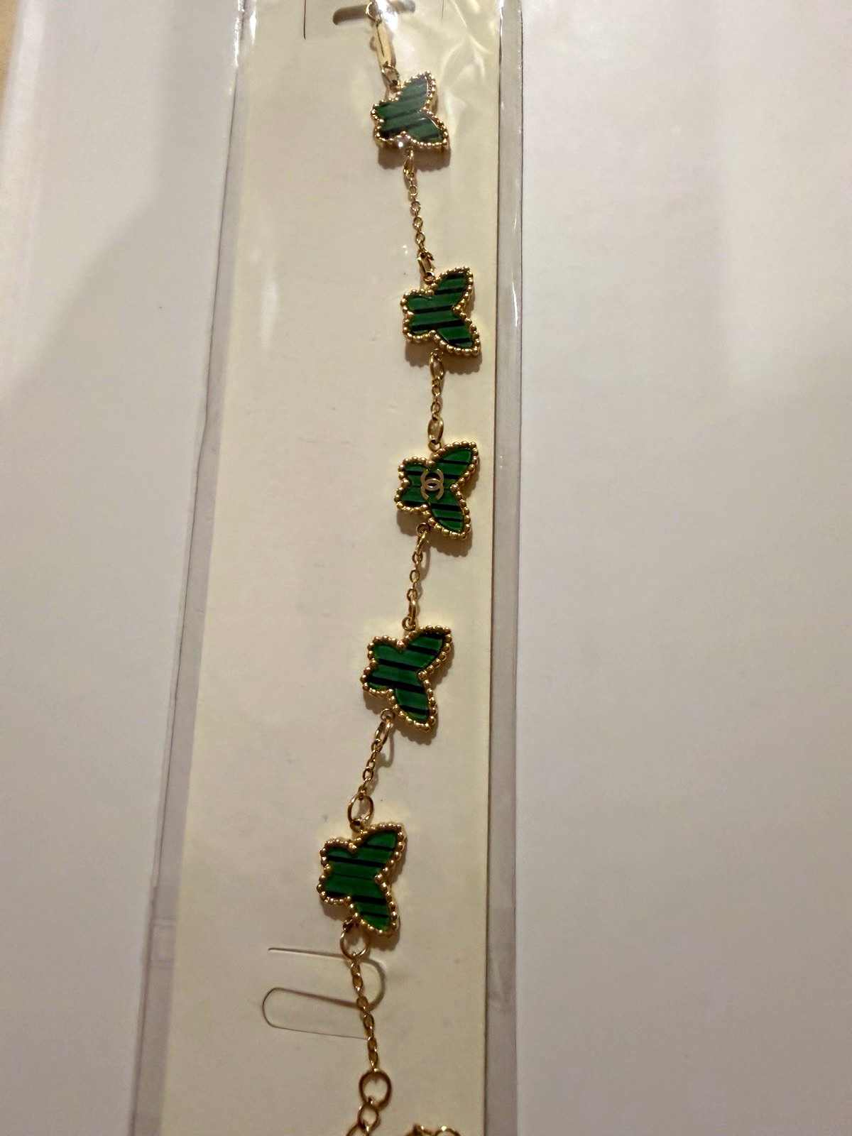 Gold Tone Cable Chain Dangle Charm Bracelet Green Enamel Butterfly Theme