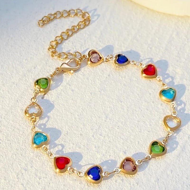 Colorful Heart Charm Bracelet Adjustable Stainless Steel Gold Tone Silver Tone