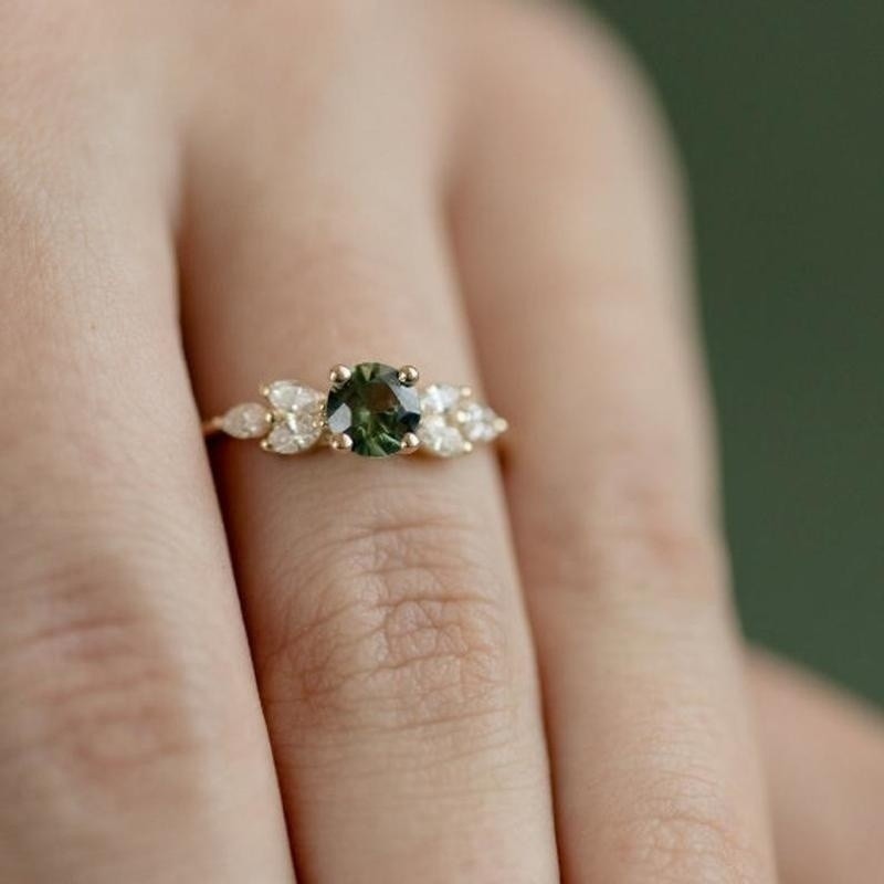 Classic Gold Color Ring for Women Gorgeous Metal Green Inlaid Stones Flower