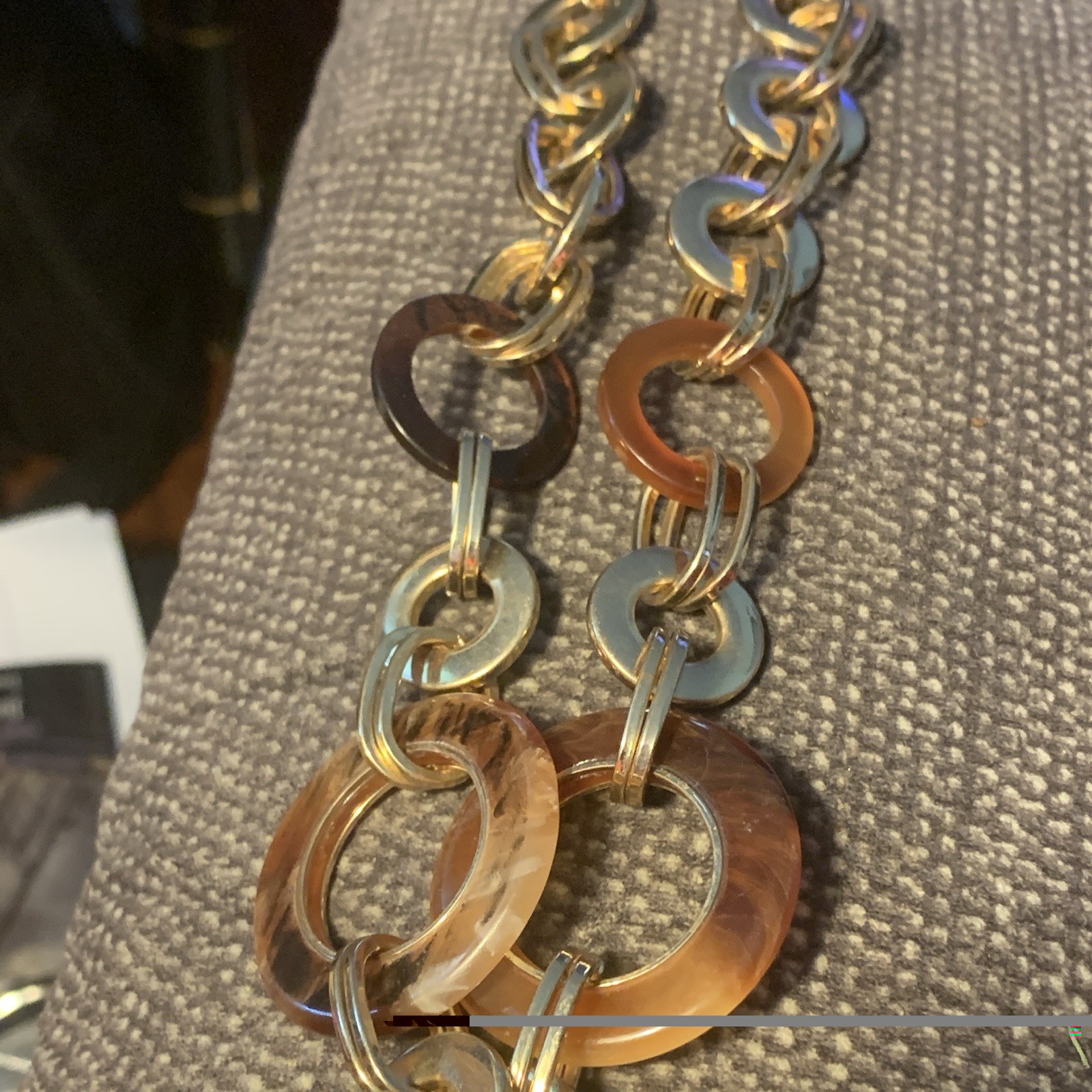 Gold Tone Cable Chain Necklace Brown Clear Ring Links Adjustable Lobster