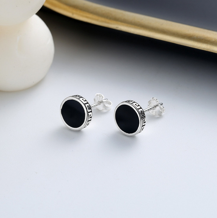 Solid Sterling Silver Black Enamel Round Stud Post Earrings 8mm Gift Box I84