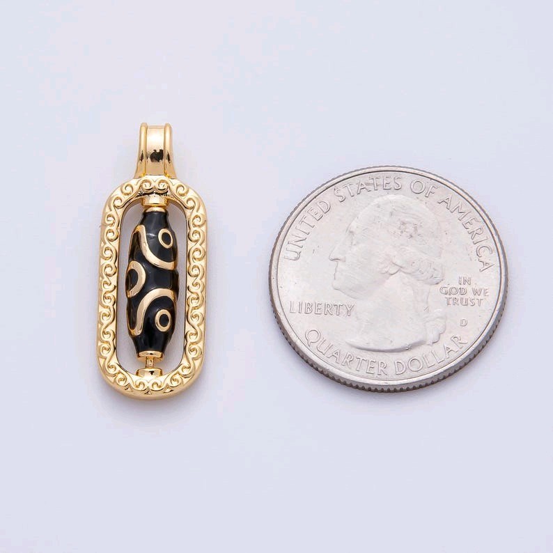 18k Gold Filled Black Enamel Tibetan Dzi Bead Drop Pendant, Ethnic Protective St