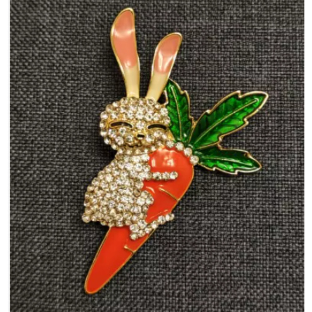 Easter Spring Bunny Carrot Brooch Rhinestone Rabbit Animal Pin Gift Jewelry USA