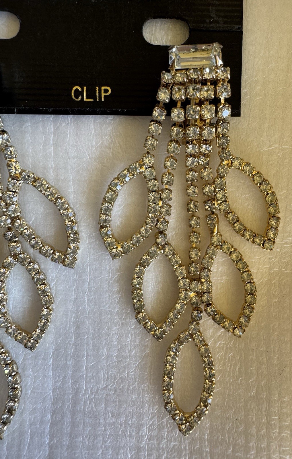 Vintage Rhinestone Chandelier Clip Earrings Bridal Prom NOS 1960s VTG Retro