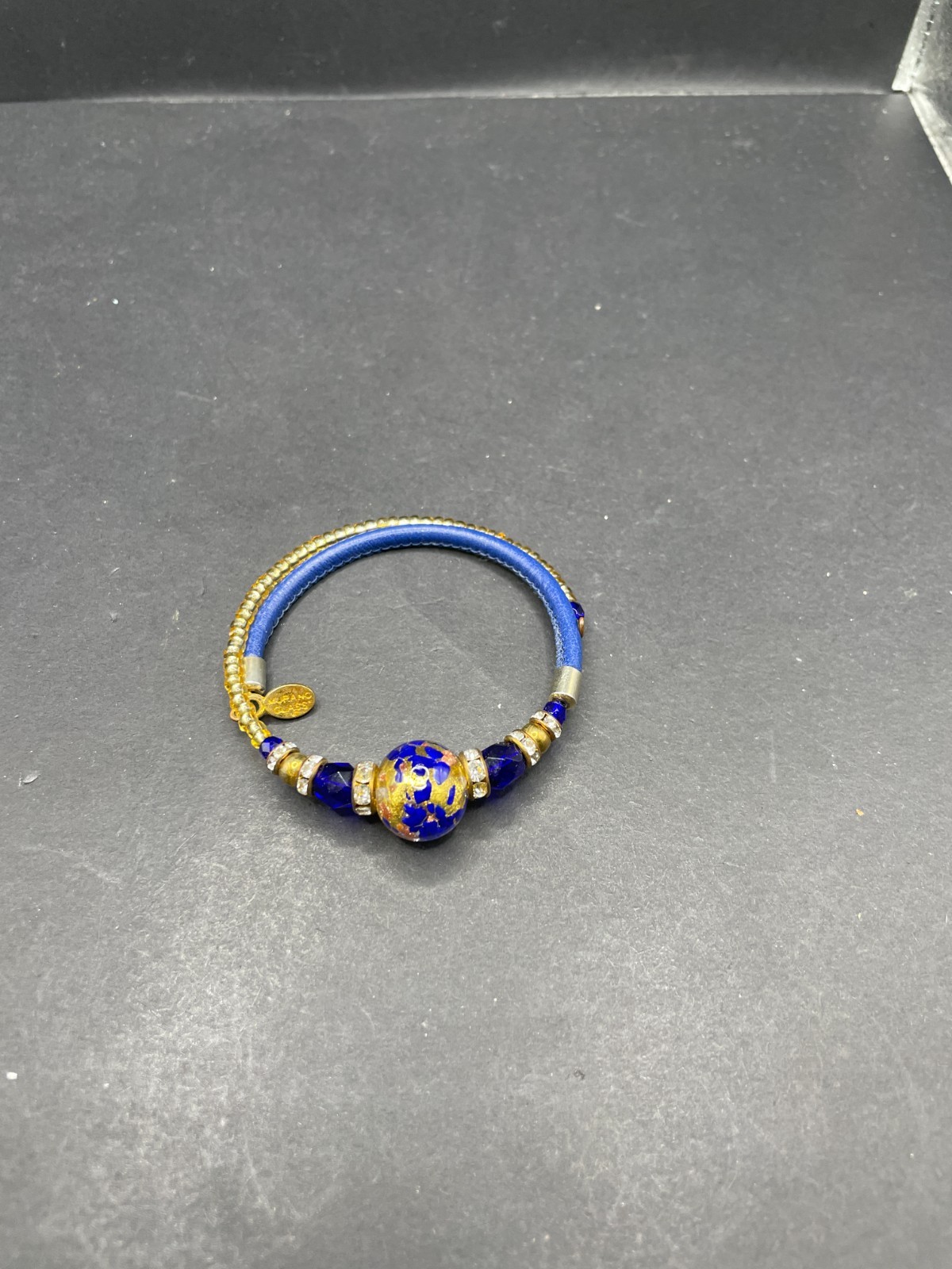 Murano Glass Coil Wrap Bracelet Blue Gold Foil Venetian Bead Rhinestone Leather