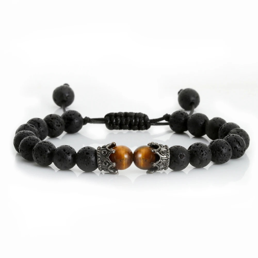 Handmade Adjustable Braided Bracelet Black Lava Stone Crown Tiger Eye Beads