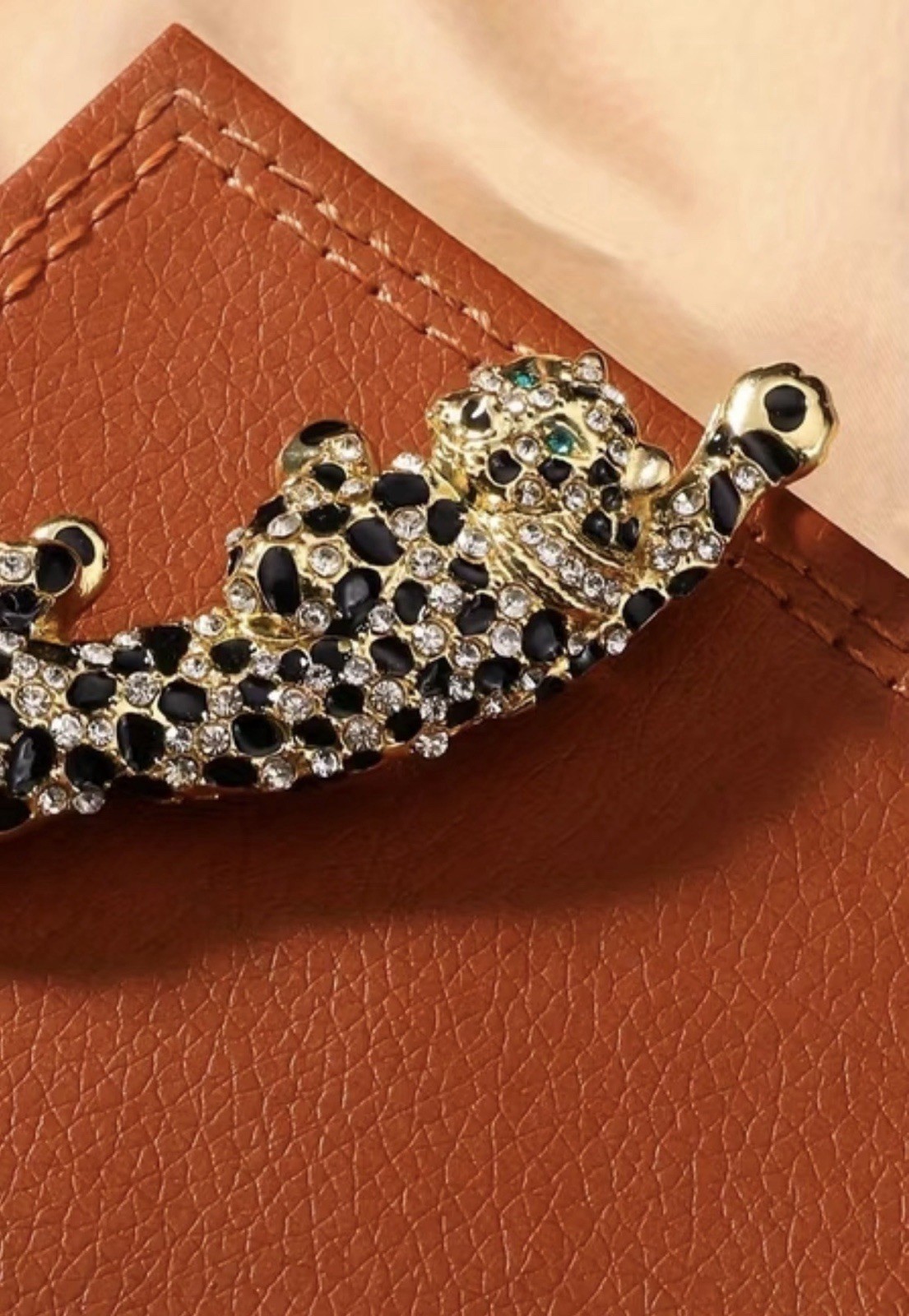 Leopard Panther Brooch Black Rhinestone Gold Tone Animal Statement Pin