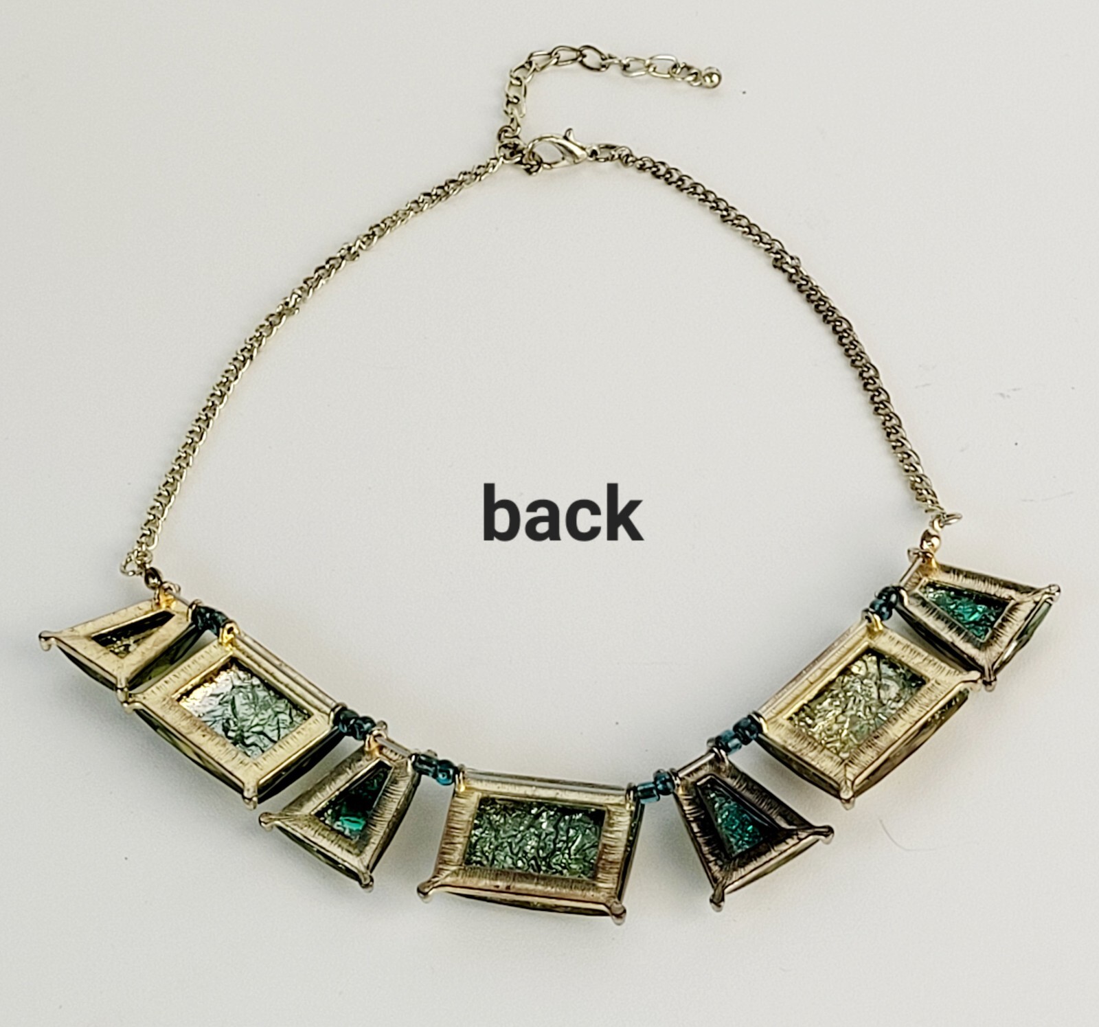 Gold Tone Woman Abstract Green Foil Art Fashion Bib Necklace Jewelry