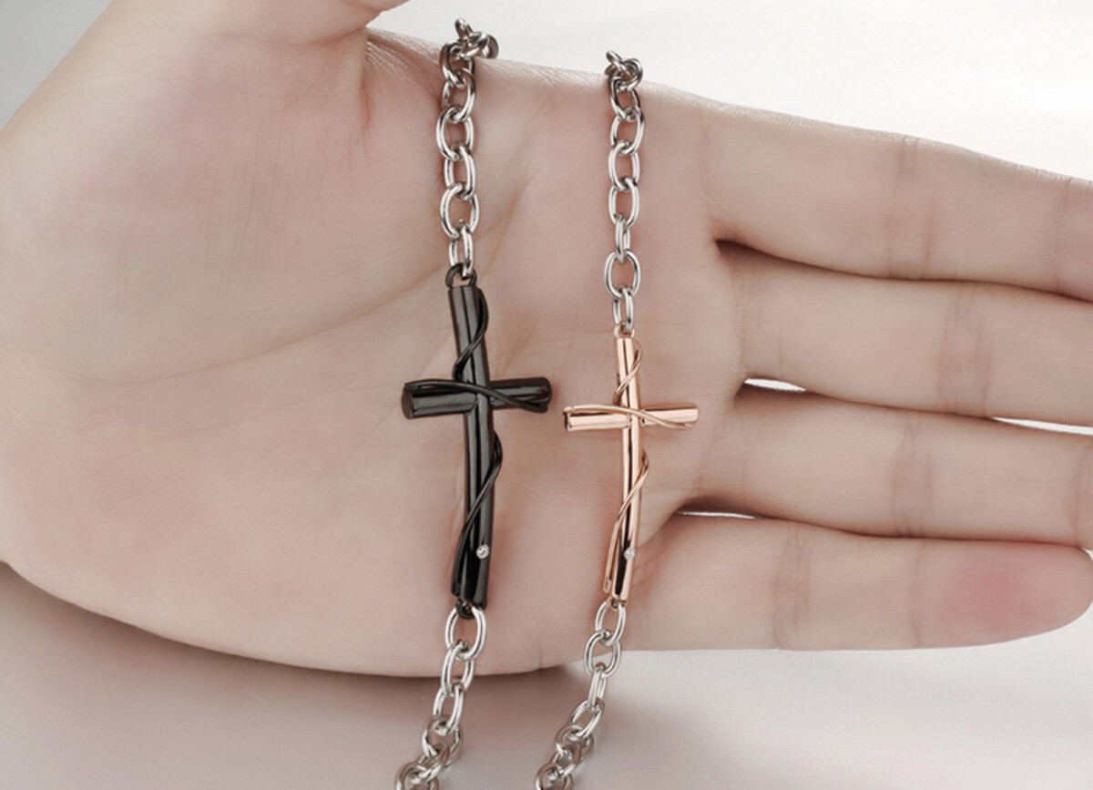His Hers Stainless Steel Couples Matching Cross Charm Bracelet Pendant Necklace