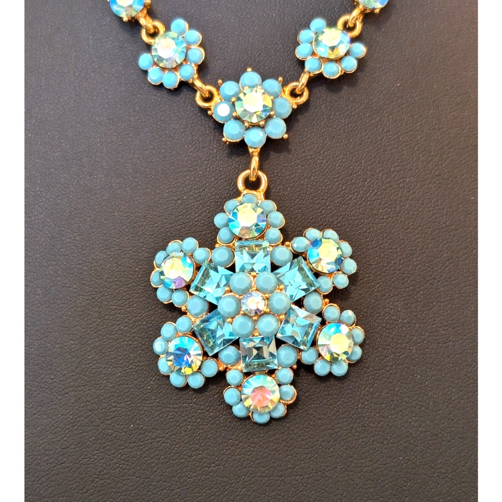 Authentic Cara Blue AB Crystal Gold Tone Pendant 16″ – 20.5″ Necklace