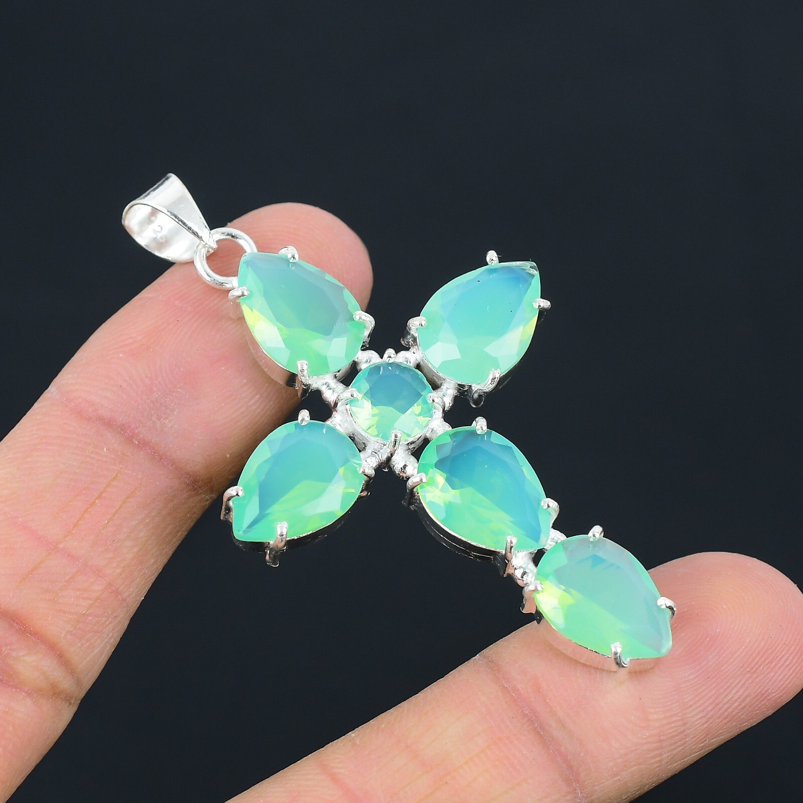 Aqua Chalcedony Handmade Cross Design Pendant Jewelry Party Wear 2.6″ CP 010