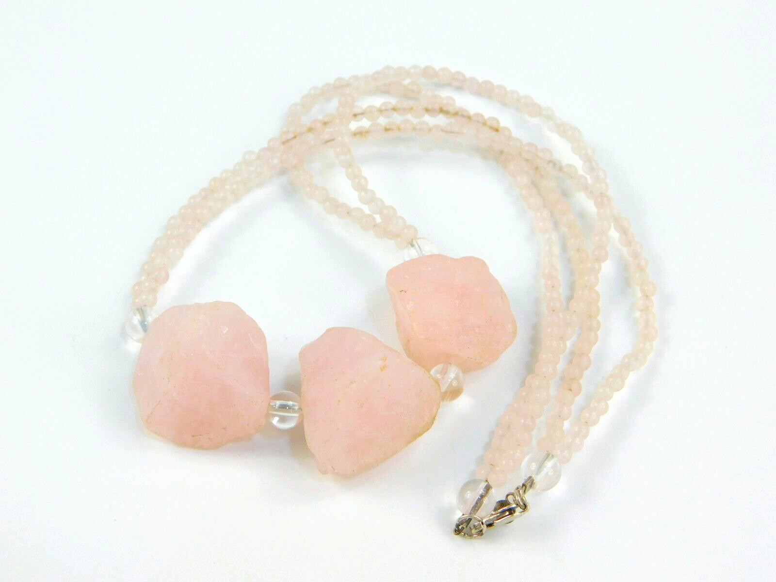 PJC India 925 Sterling Silver Rough Pink Rose Quartz Beaded Necklace 18″ Long