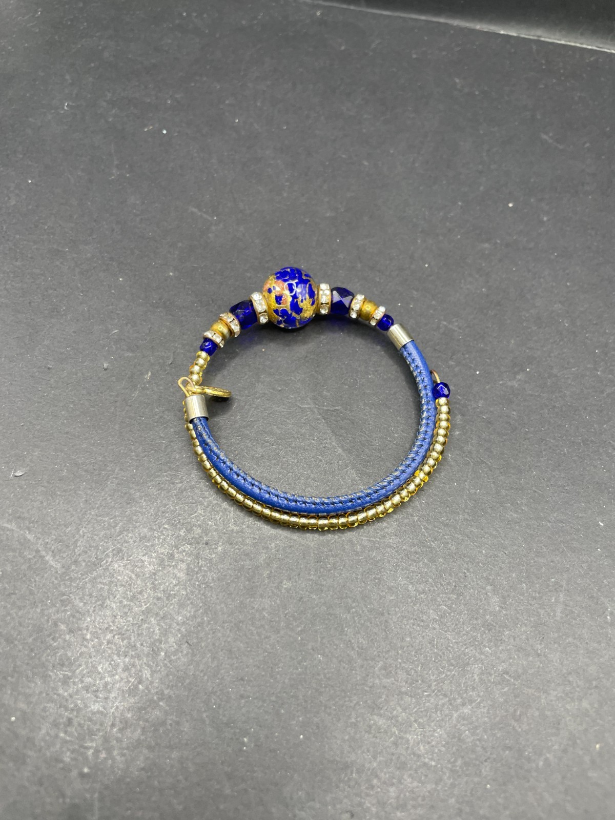 Murano Glass Coil Wrap Bracelet Blue Gold Foil Venetian Bead Rhinestone Leather