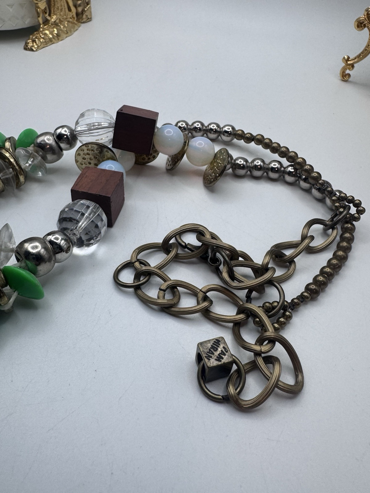 Pam Hiran Coil & Beads Necklace Green-Clear Glass & Gold Beads Whit Silver Chain