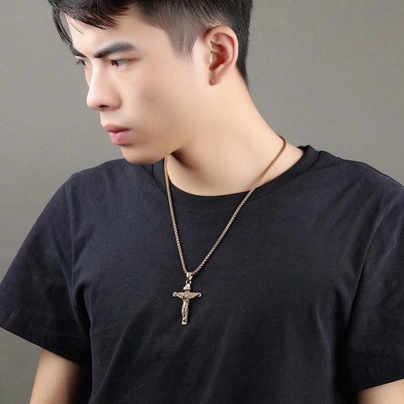 Religious Jesus Cross Stainless Steel Necklace For Men Fashion Gold Silver Color