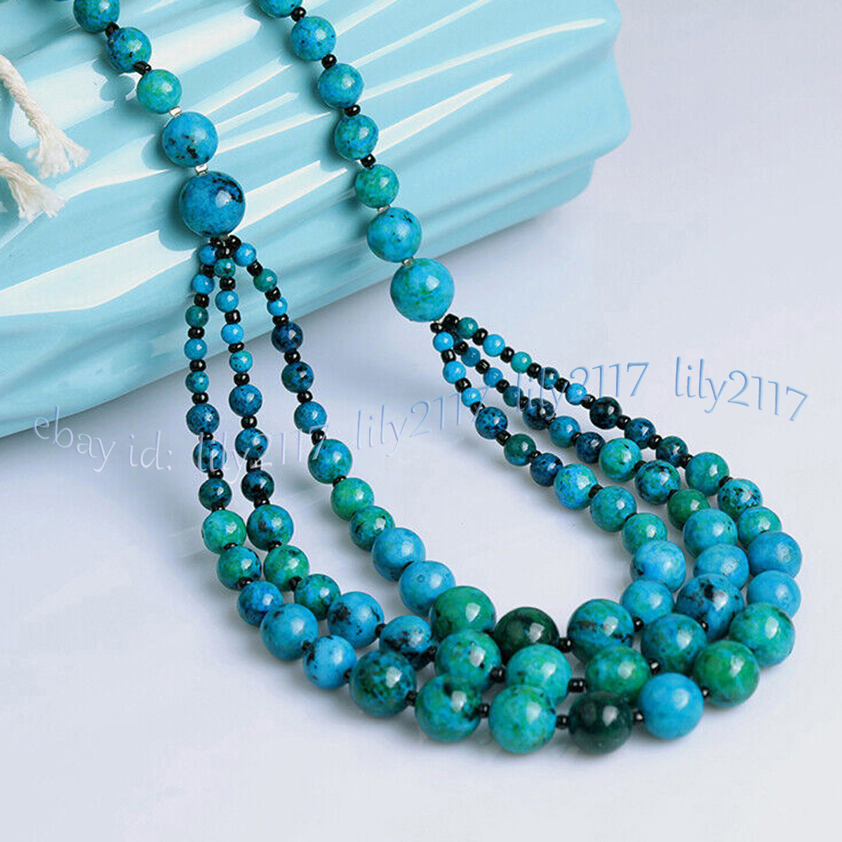 3 Rows Natural Azurite Chrysocolla 4-12mm Round Beads Layered Necklace 18-20”