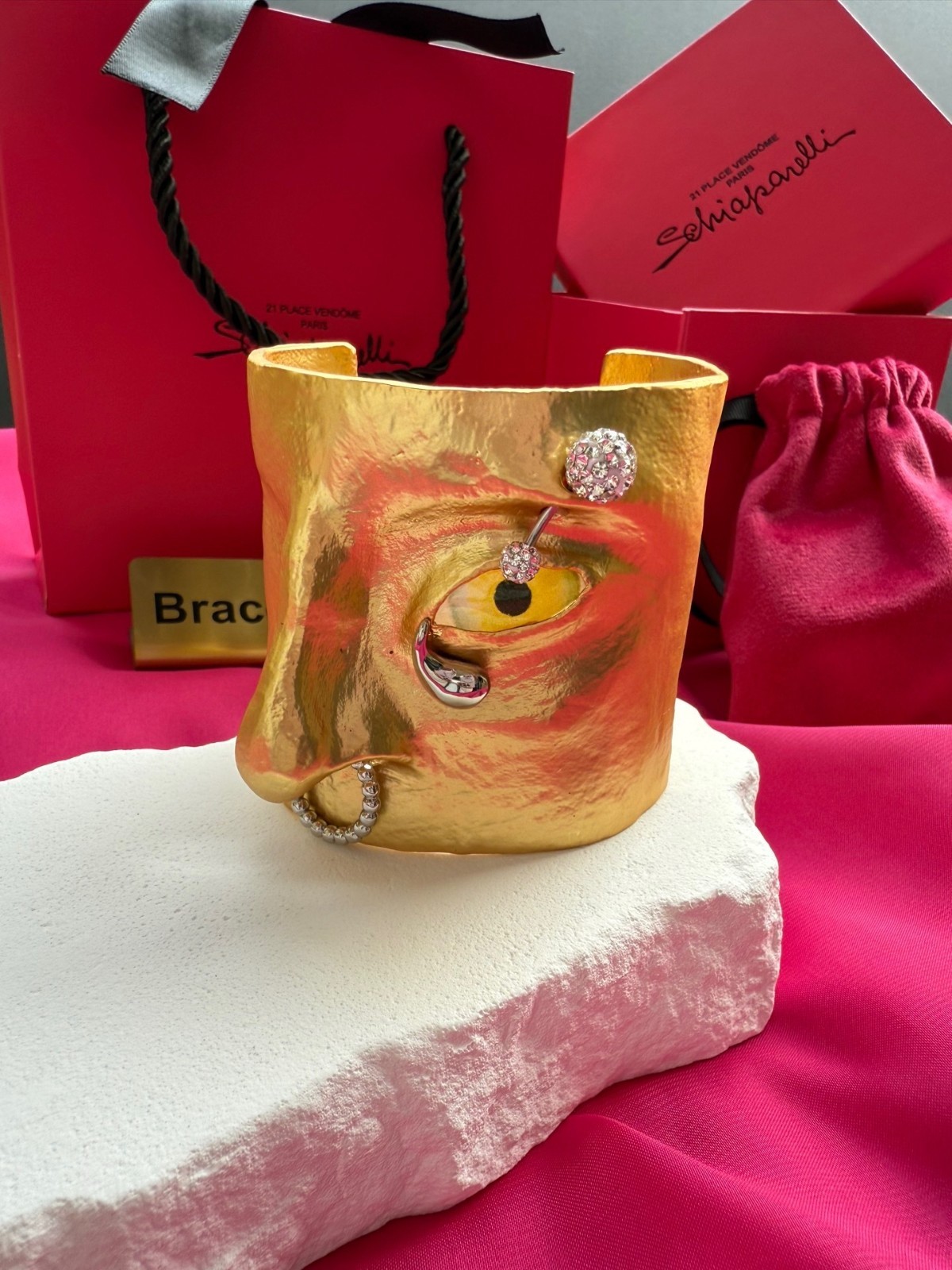 Schiaparelli Gold Surrealist Face Cuff Bracelet. With Box and Dust Bag