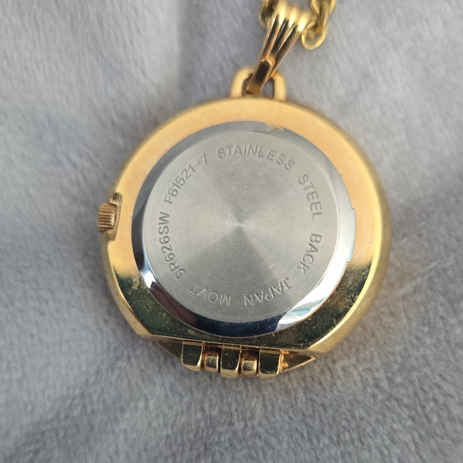 Gold Tone Round Pavé Crystal Rim Watch Pendant Rope Necklace Stainless Steel 26″