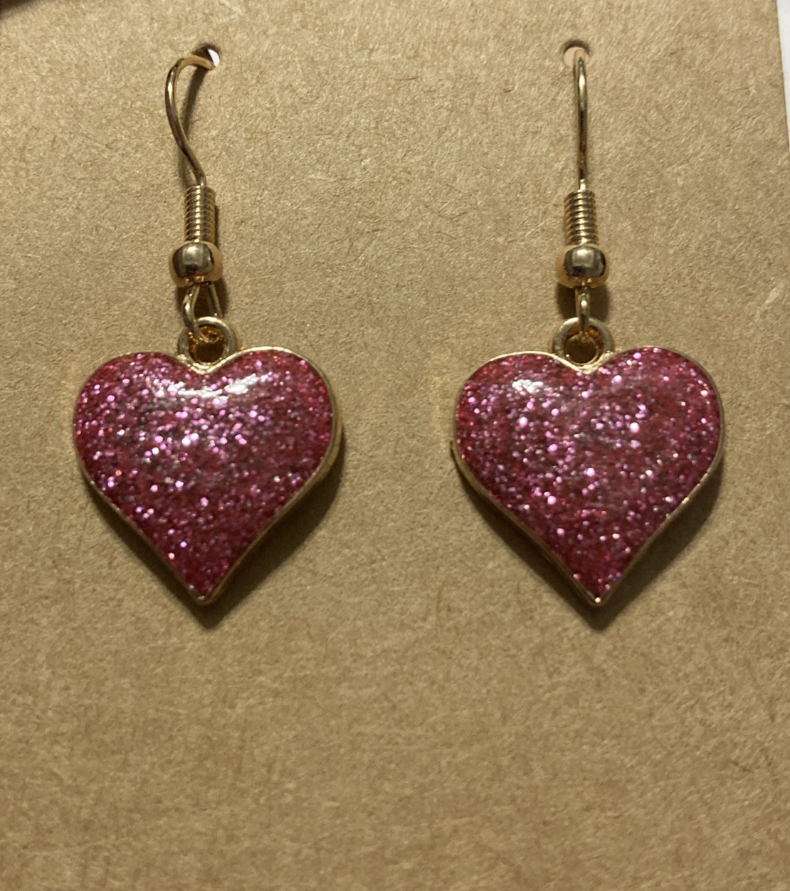 Buyer’s Choice Goldtone Sparkly Hearts Blue Purple Pink Earrings Dangle Pierced
