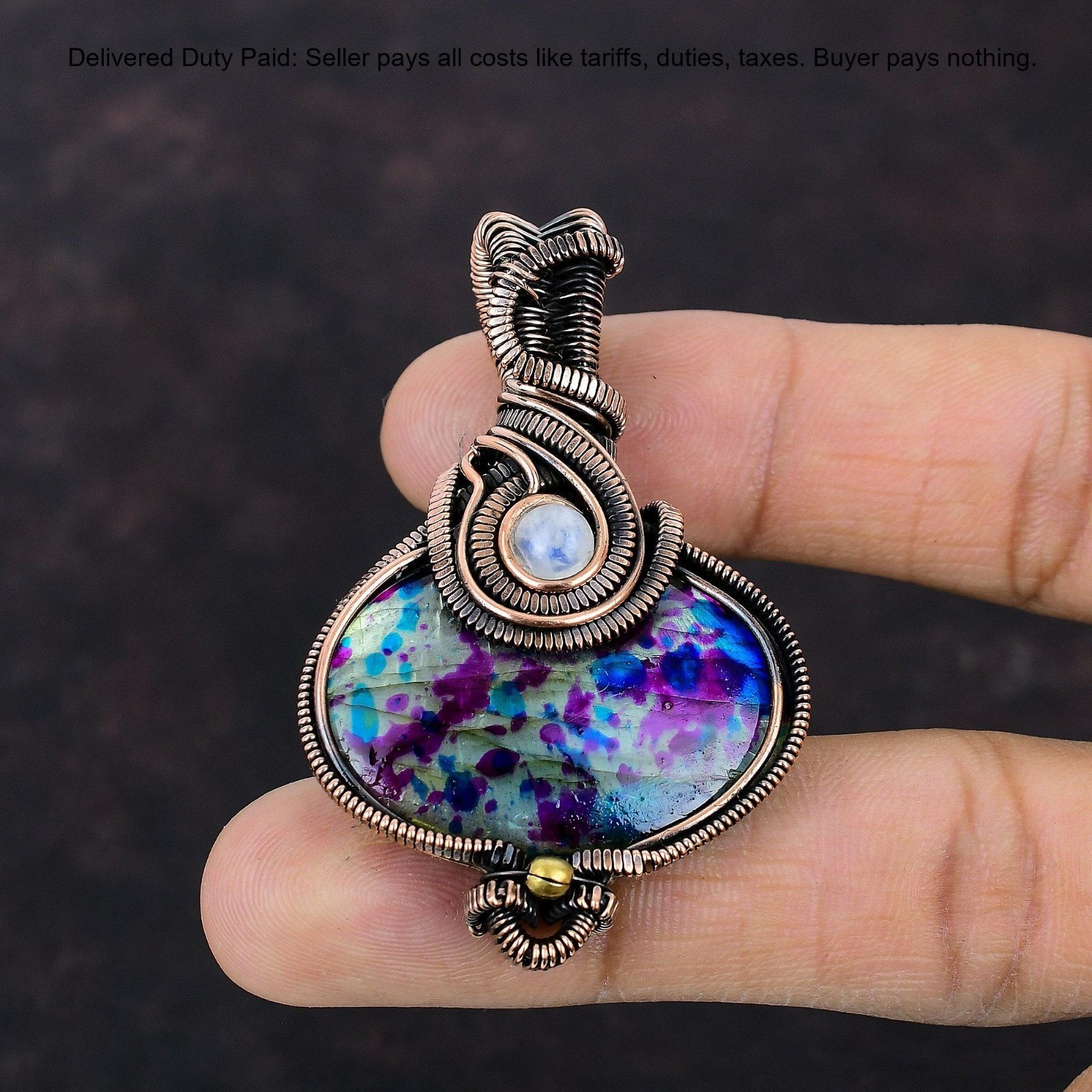 Oval Multi Fire Labradorite Stone Rainbow Moonstone Copper Boho Pendant Jewelry