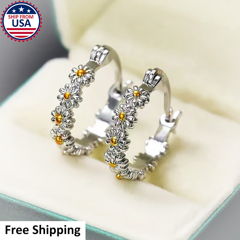 Womens Flower Sterling Silver 925 Gold Hoop Earrings Beauty Fashion Jewelry