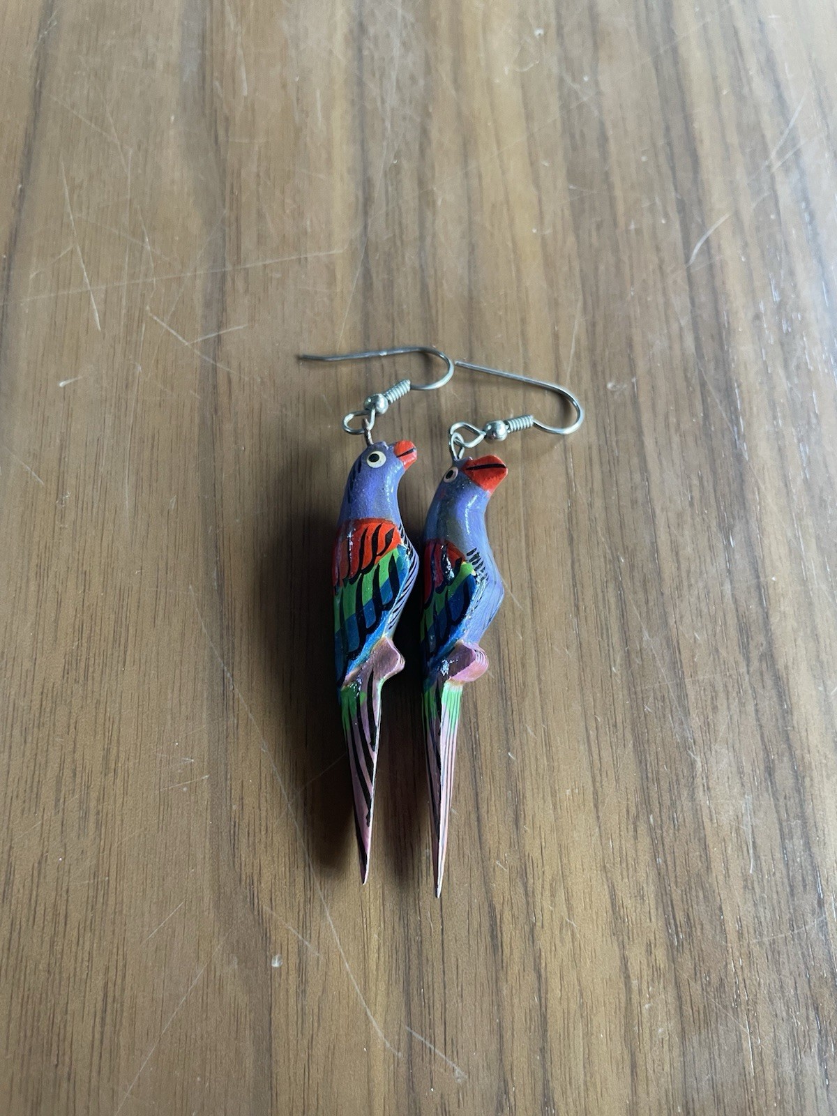 Wooden Bird Parrot Earrings Cute Wood Dangle Hook Parakeet Retro Vintage Japan