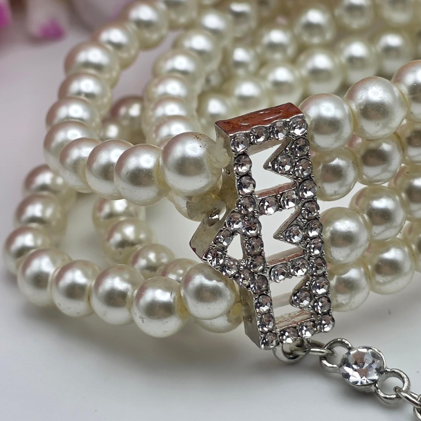 Vintage Faux Pearl Slave Bracelet Ring Set Clear Crystal Pave Stretch Bridal