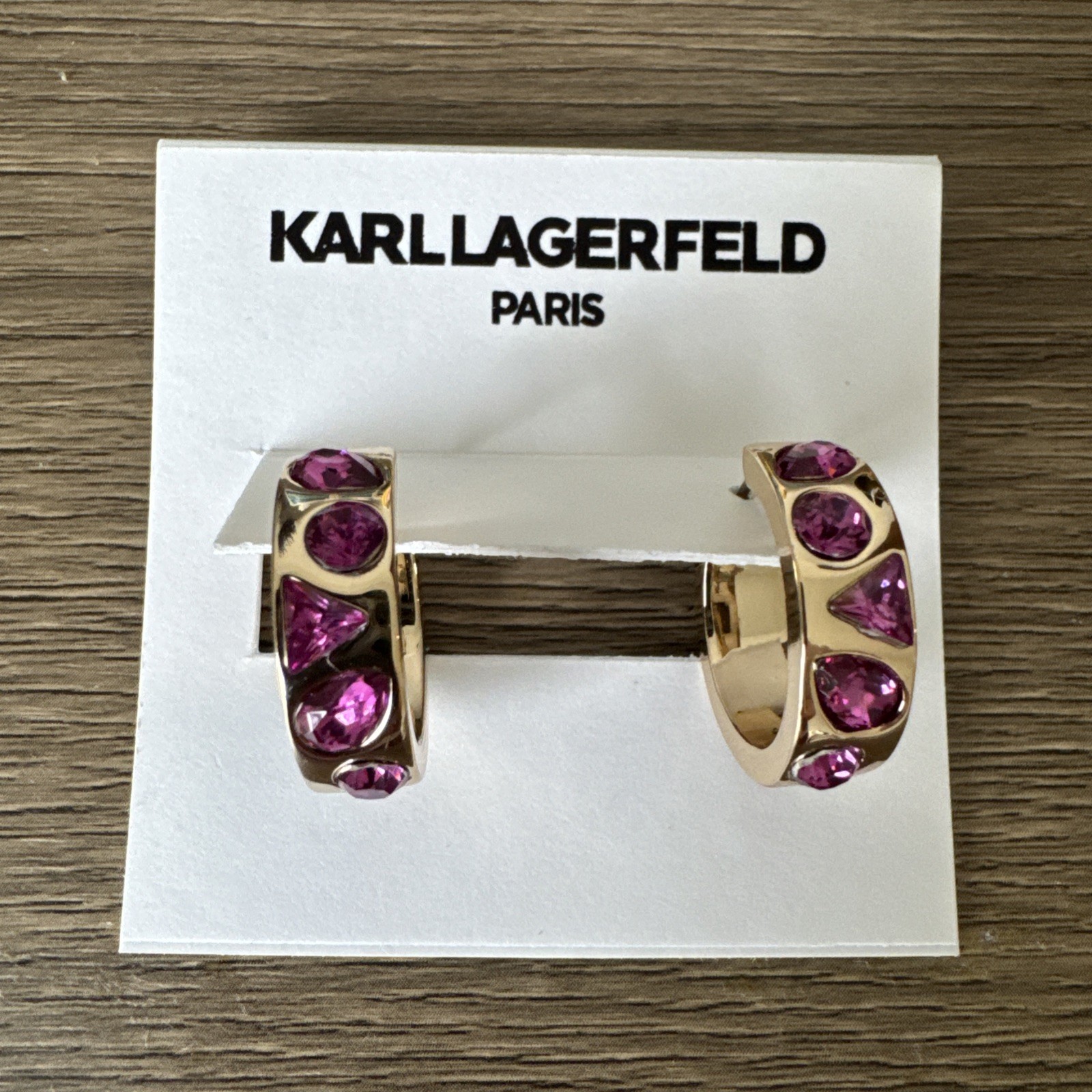 Karl Lagerfeld Paris Gold Tone Josephine Pink Crystal Hoop Earrings NWT