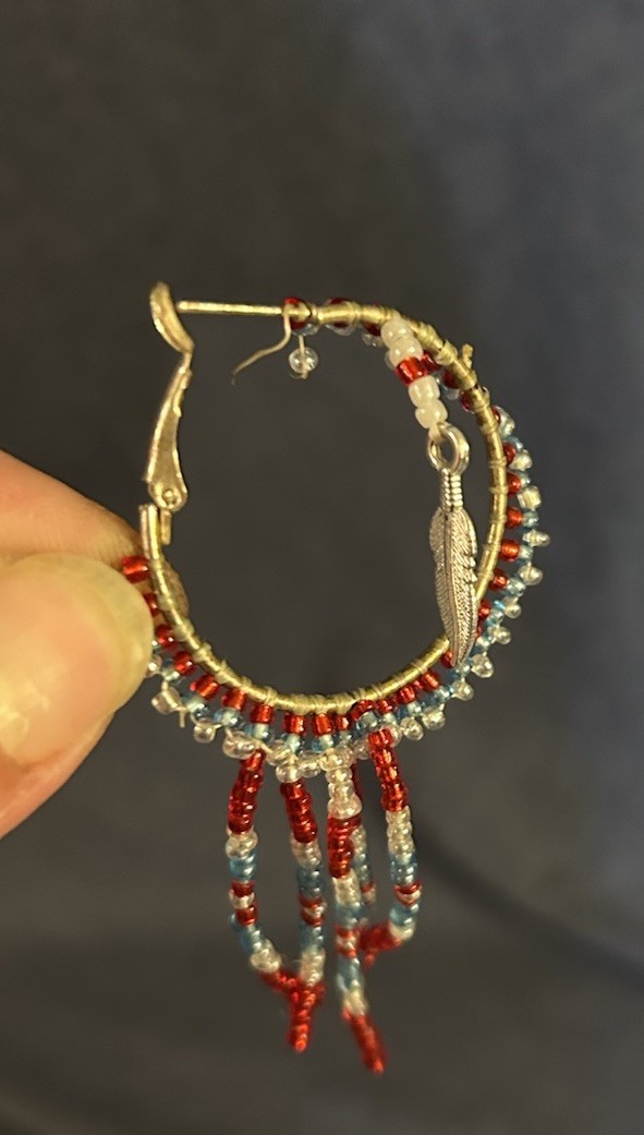 Beaded Round Hoop Dangle Earrings Red Blue Silver Metal Glass Hook Closure