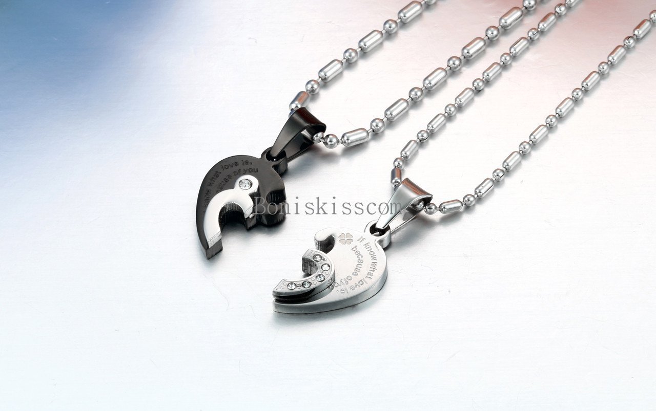 His and Hers Stainless Steel Couple Heart Love Promise Pendant Necklaces 2pcs