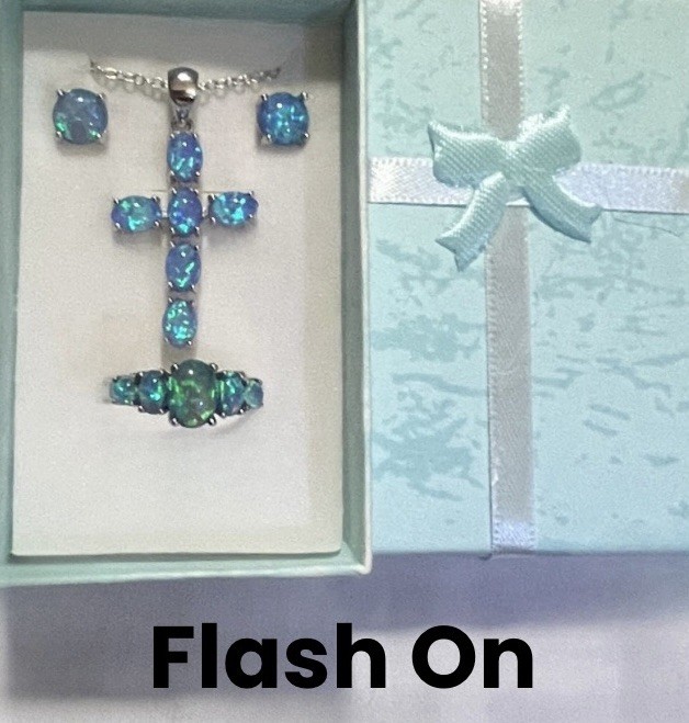 Gorgeous Ocean Blue Fire Opal Cross Necklace, Earrings, Five-Stone Ring 10 Set