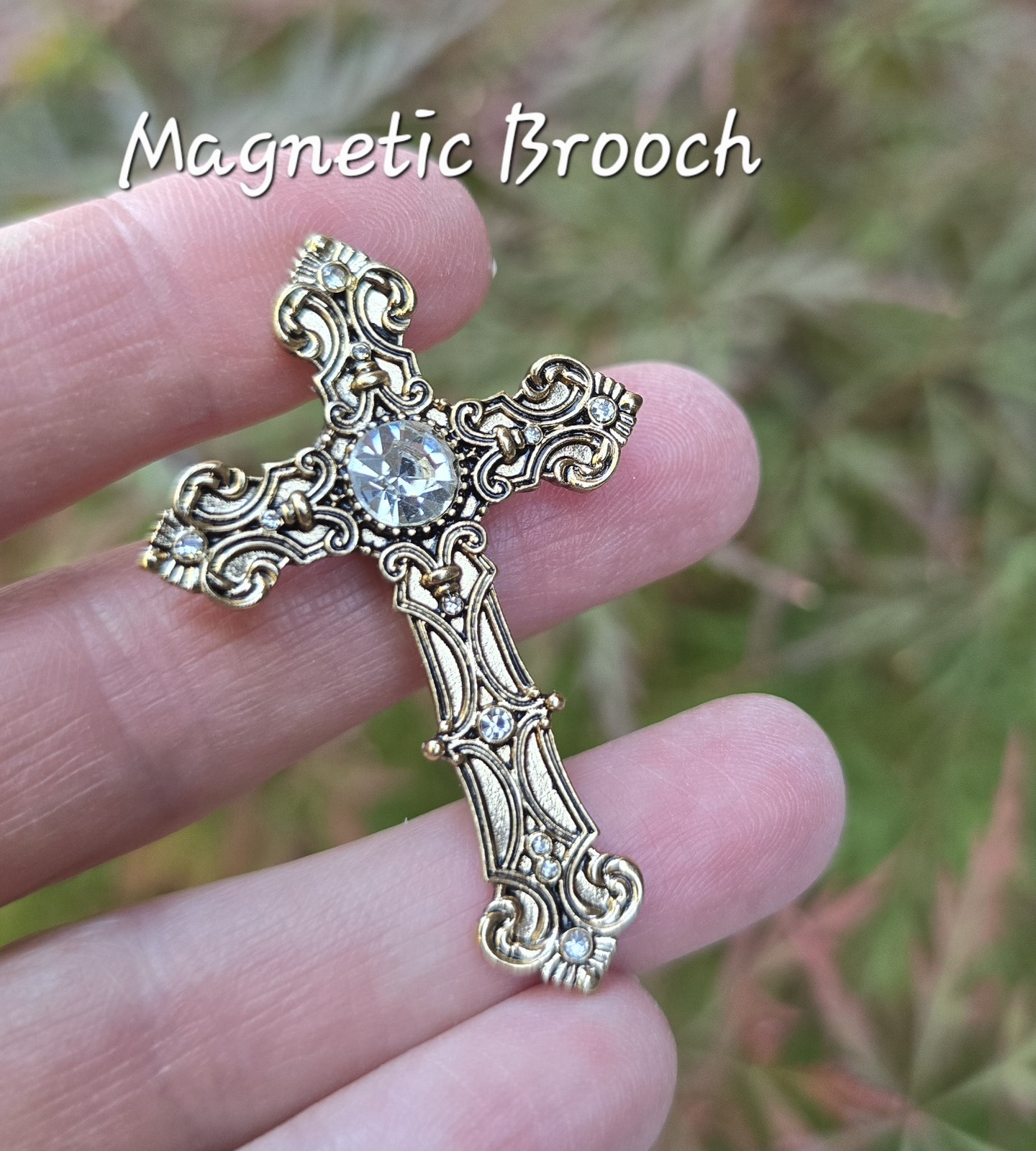 Magnetic Gold Tone, Crystal Cross Brooch. Christmas brooch, Easter. Cross pin