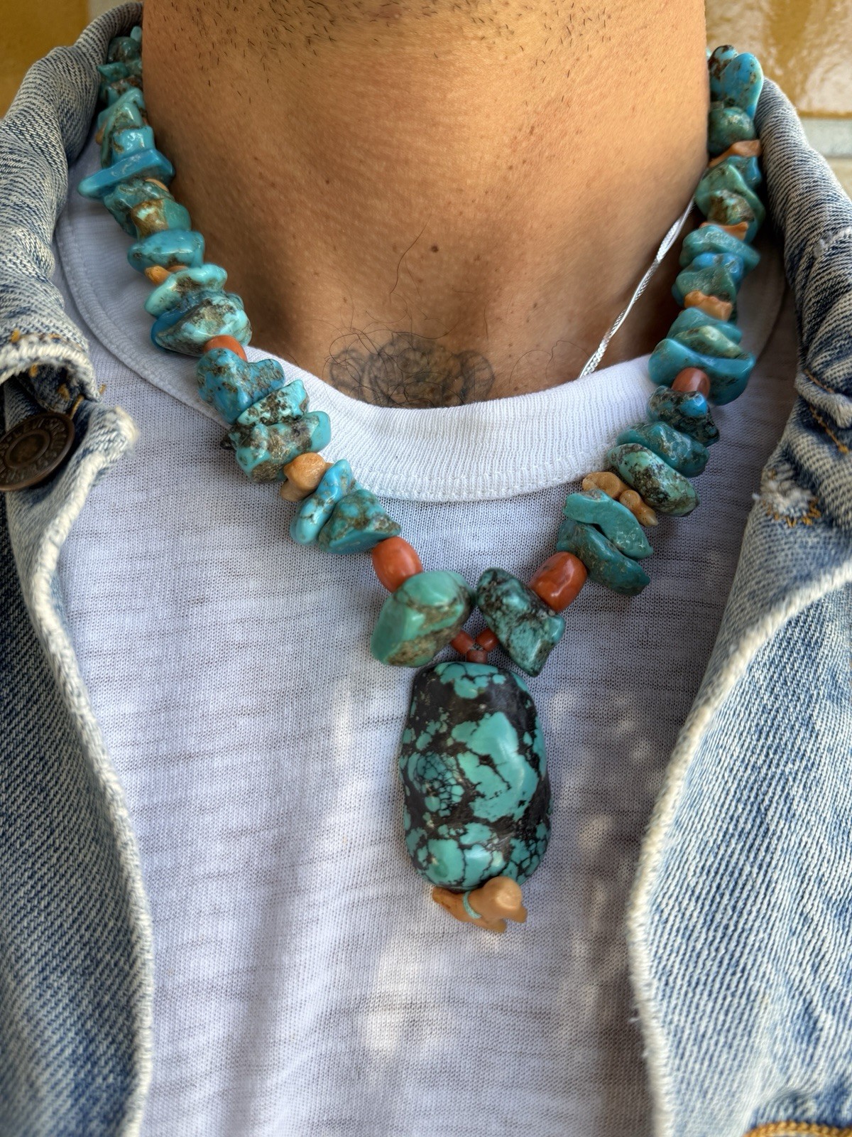 70s VTG Turquoise and Coral Chunky Necklace