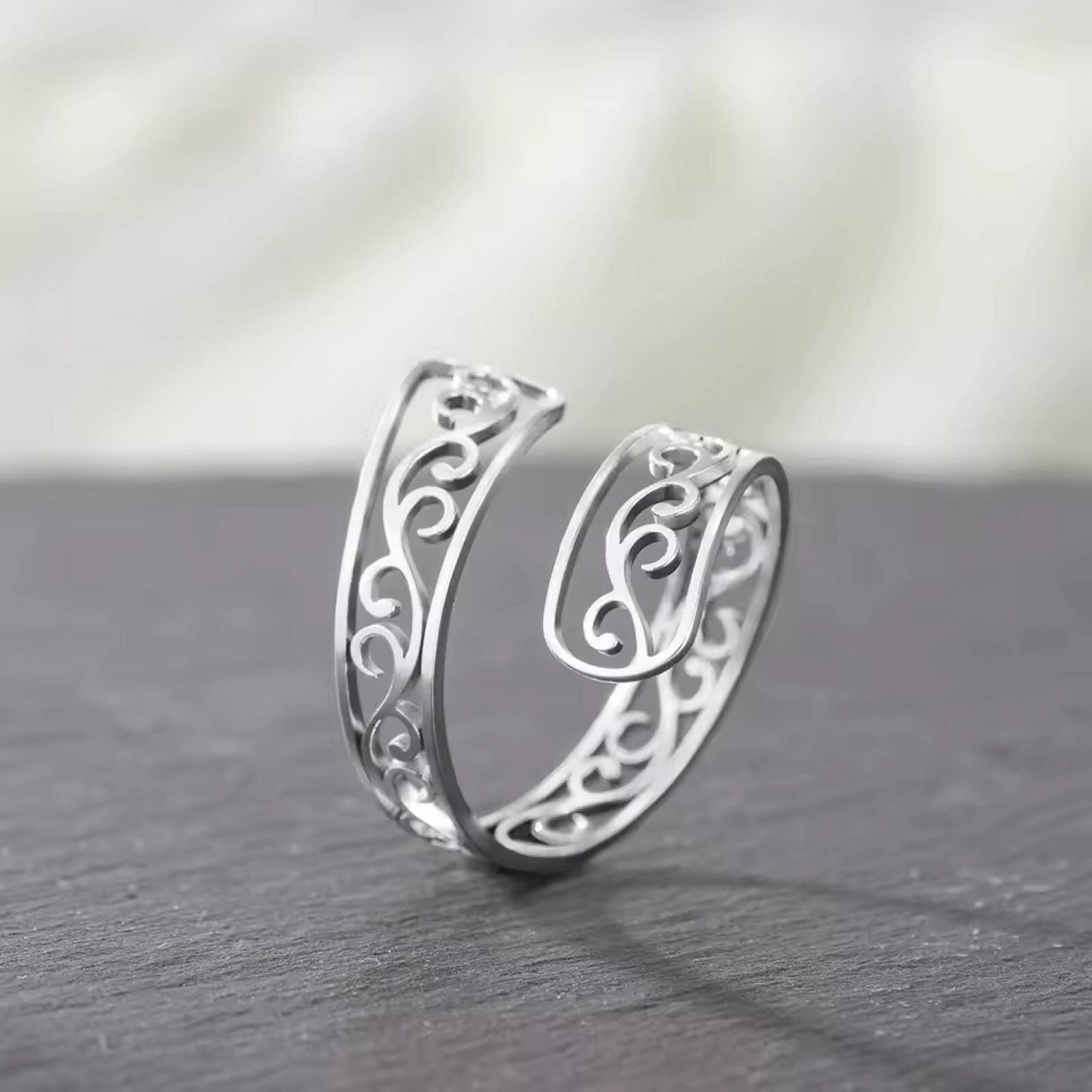 Womens Bohemian Wrap Ring Silver 316L Stainless Steel Boho Filigree Spoon Band