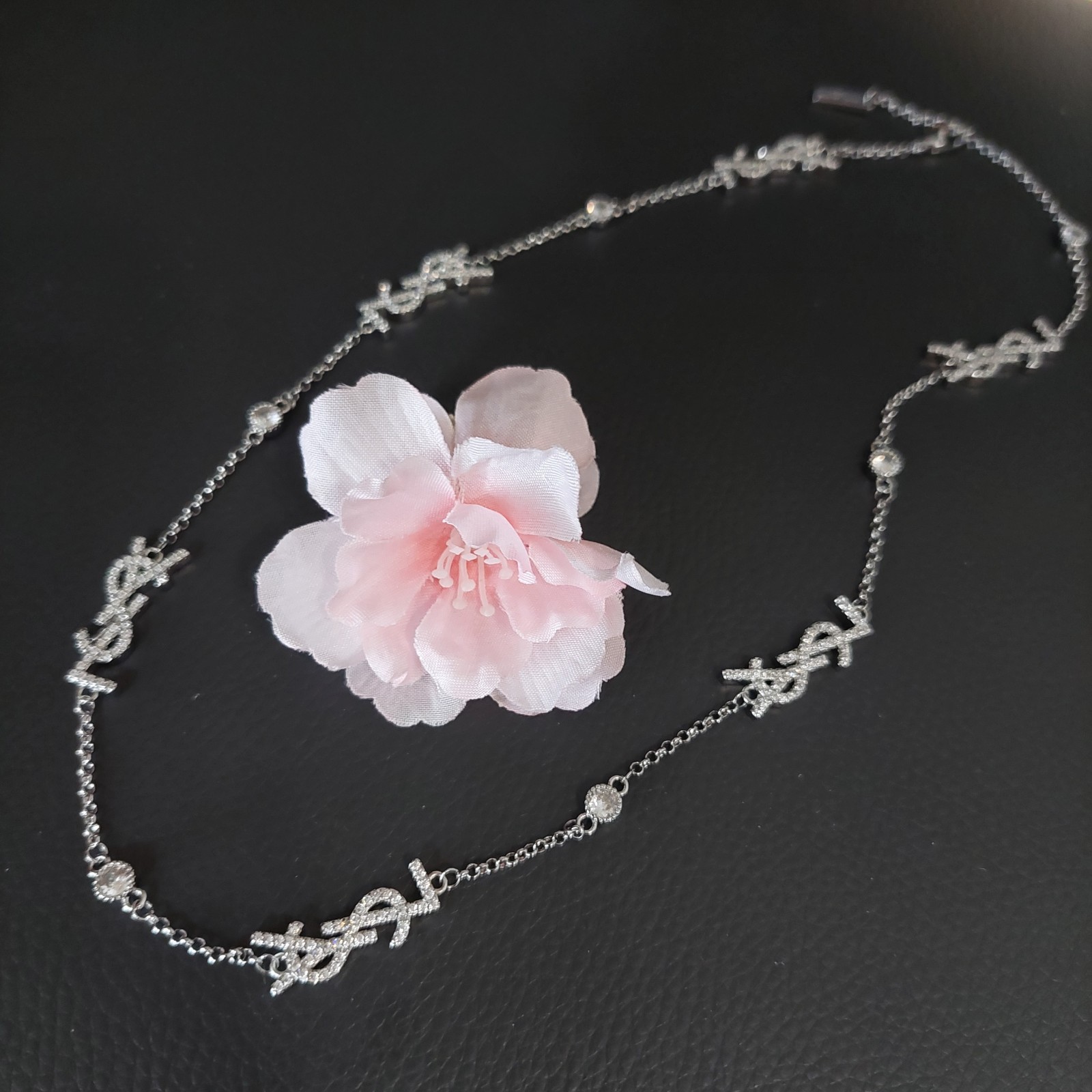Auth. Yves Saint Laurent Signature YSL Logo Choker Crystal Studded Necklace
