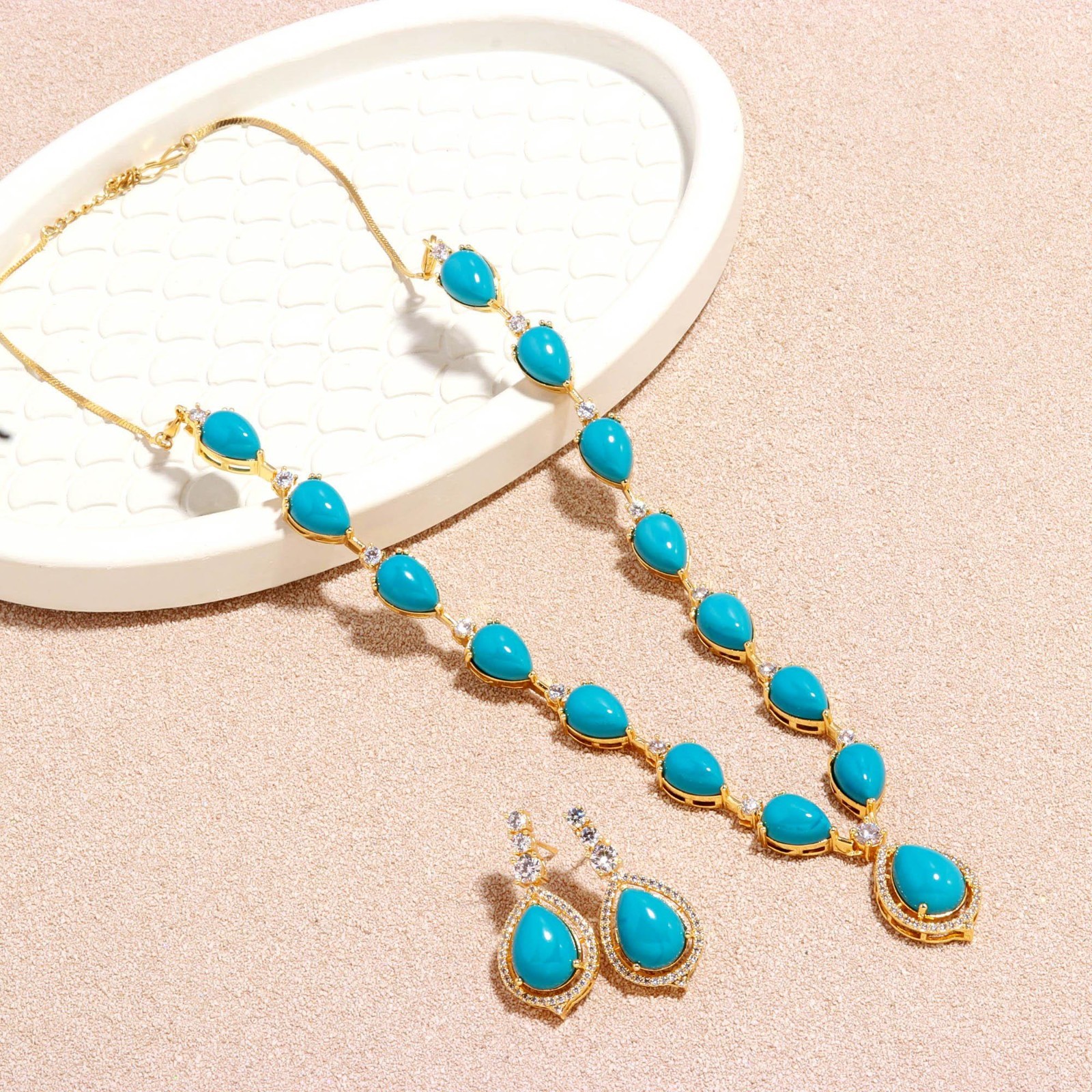22K Gold Plated Brass Turquoise Teardrop CZ Necklace Earring Set Women Gift