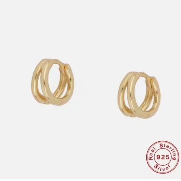Gold Huggie Earrings Double Hoop Small Thick 18K Gold Huggies For Everyday Wear