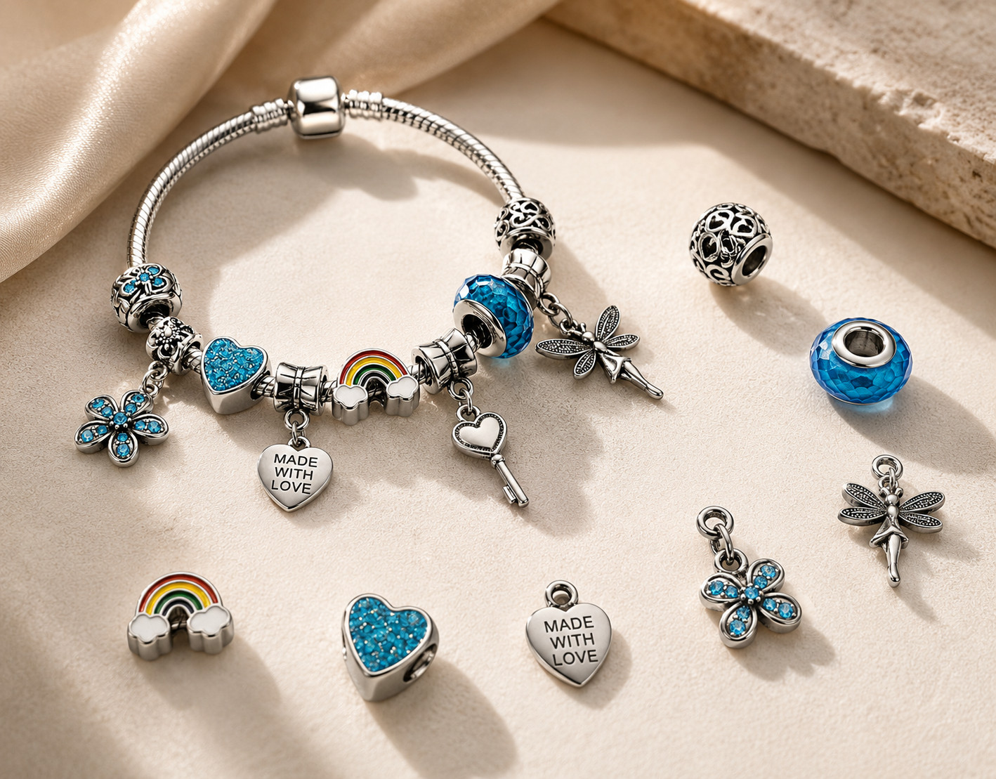 Blue Heart Fairy Charm Bracelet Silver Rainbow Rhinestone Jewelry