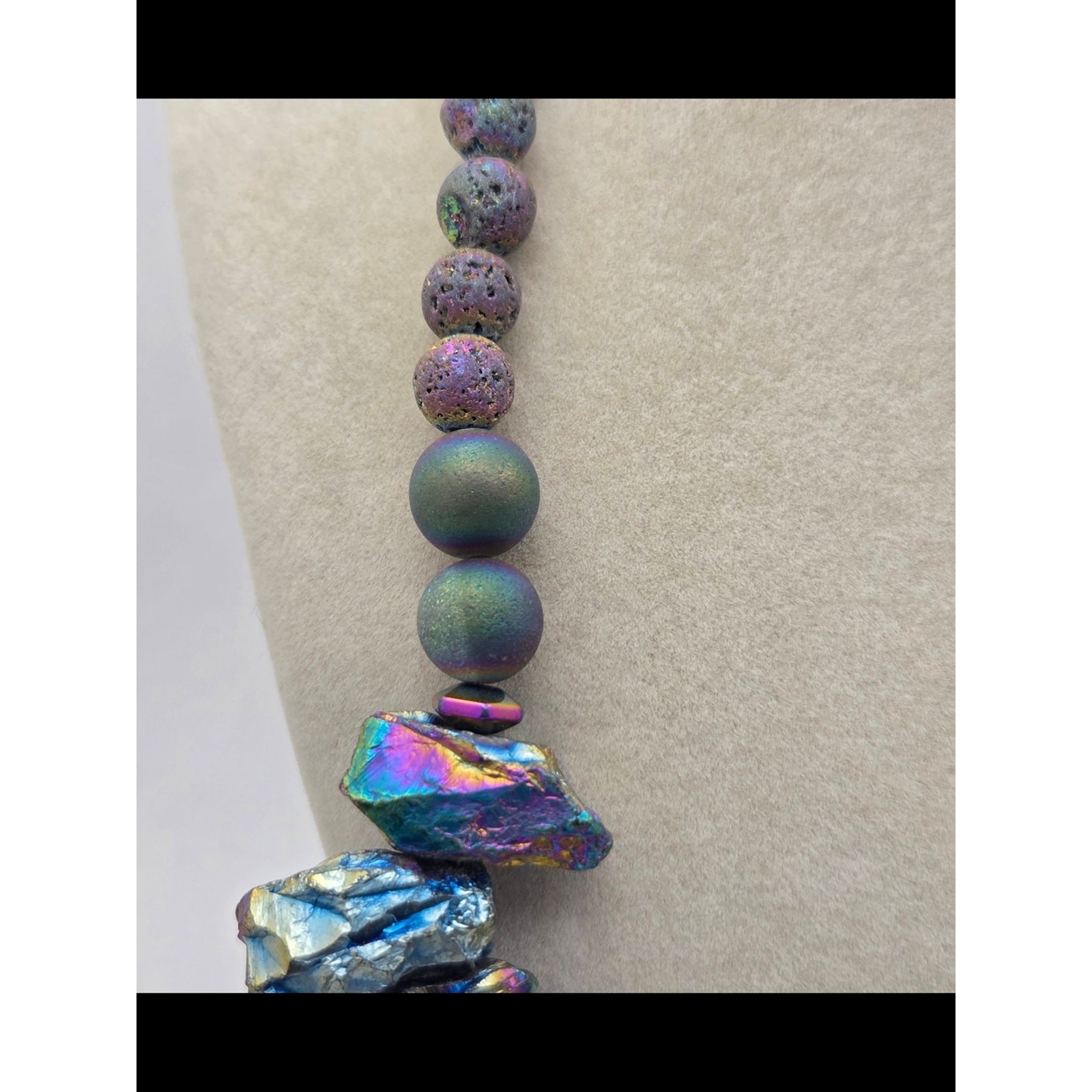 Raw Rainbow Aura Titanium Quartz & Lava Rock Statement Bib Necklace – 16″