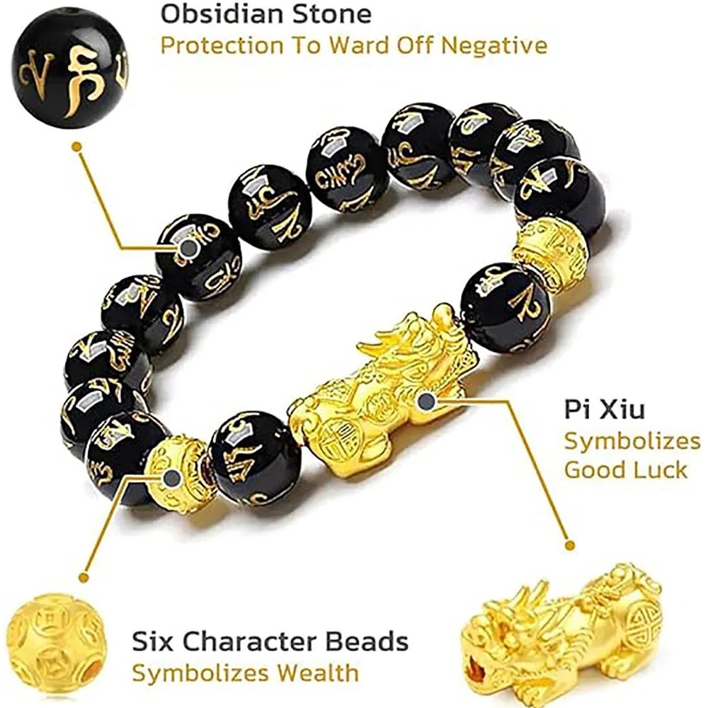 Feng Shui Black Obsidian Beads Pixiu Bracelet Attract Wealth Good Luck Jewelry