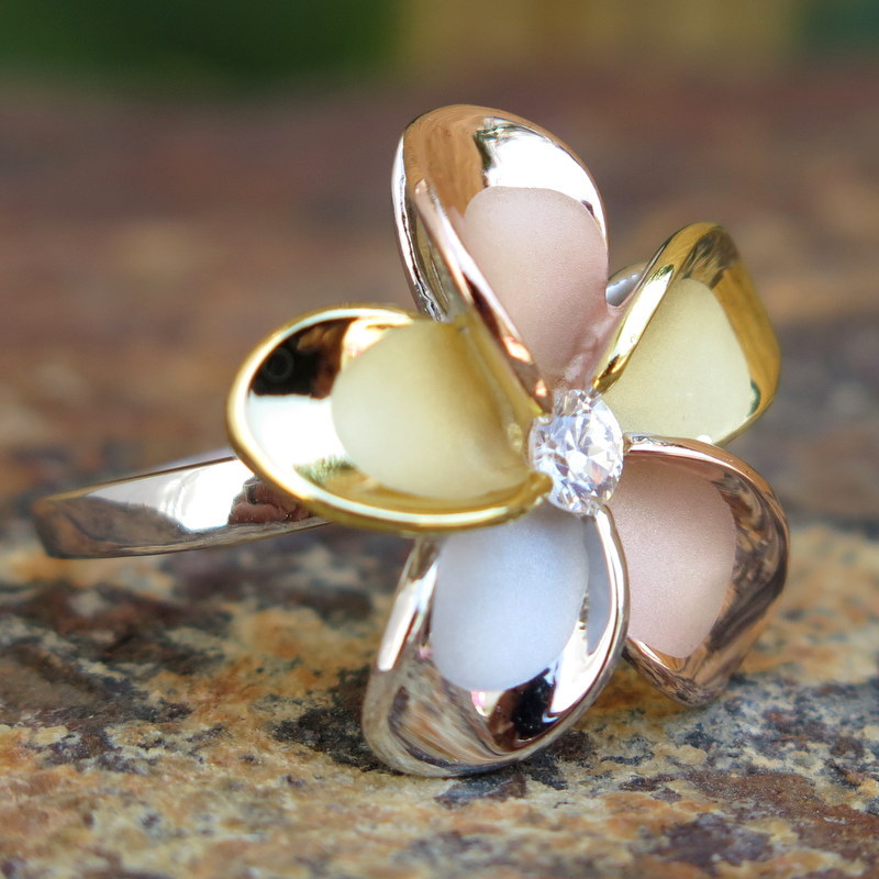 925 Silver Tri-color Gold Plumeria Flower CZ Wedding Ring Band 22mm #SR6268