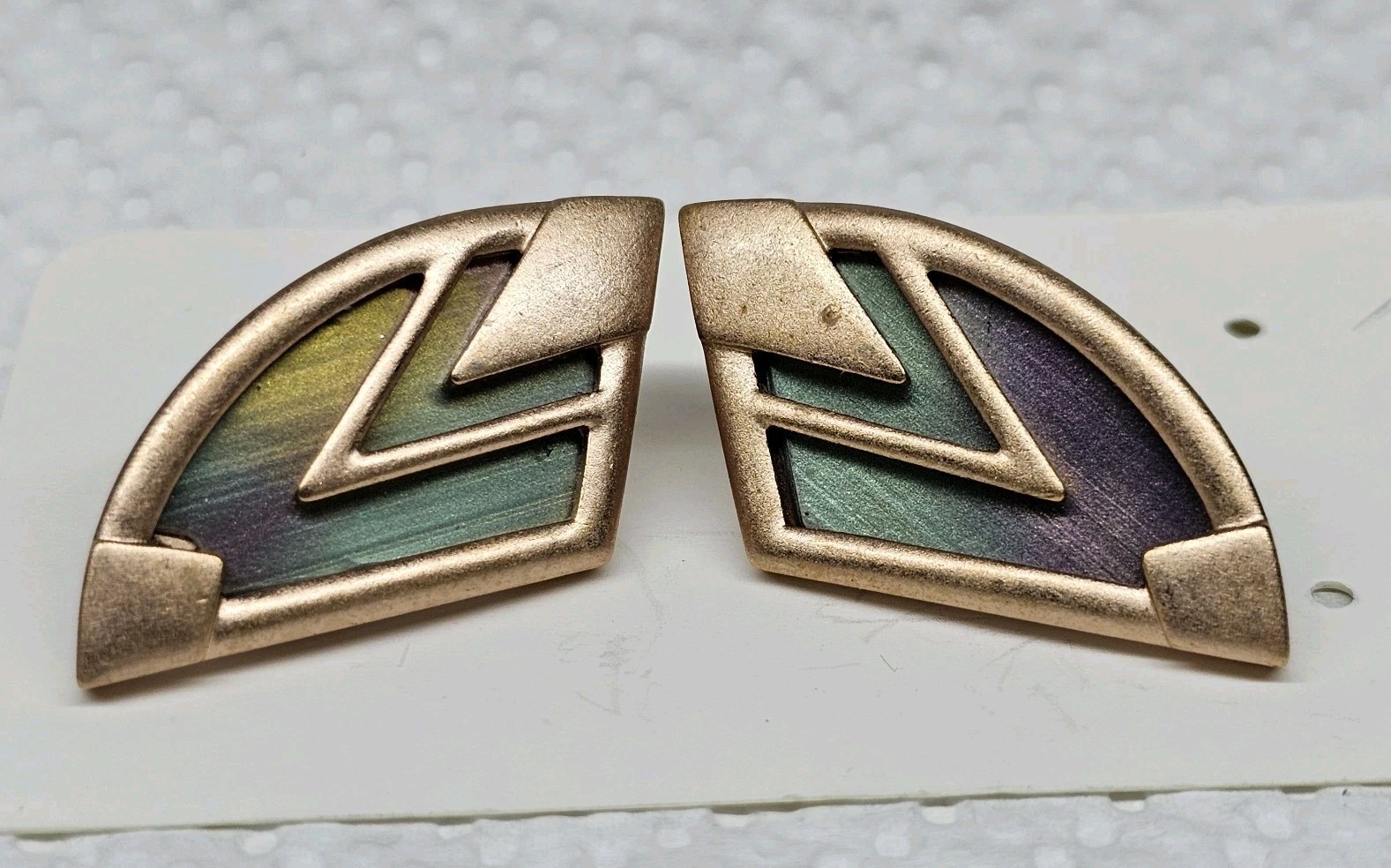Monet Tympany Clip On Earrings Rose Gold Geometric Aurora Borealis Vintage 1980s