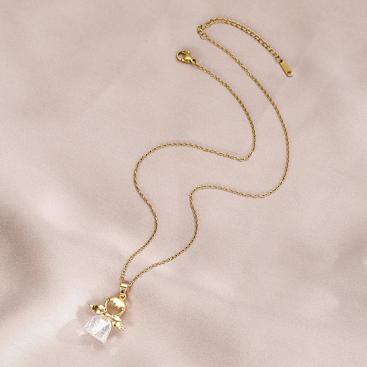 Angel Wings Gold Tone Crystal Pendant Necklace for Women — Dainty Halo Charm