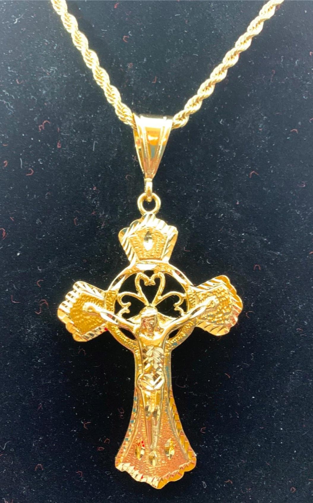 14KT GOLD PLATED HUGE CRUCIFIX CROSS 4+ INCHES CHARM W/16″-30″ 4MM ROPE -8501