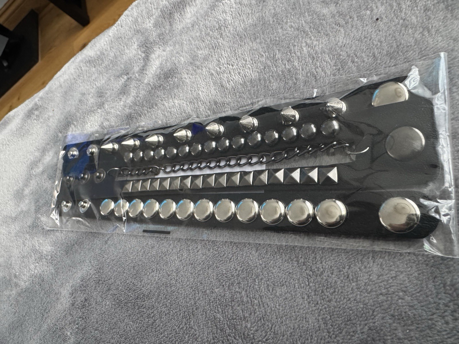 Goth Punk Studded Bracelet Set (3 Pack) Black Leather Look, Spikes & Chain, New