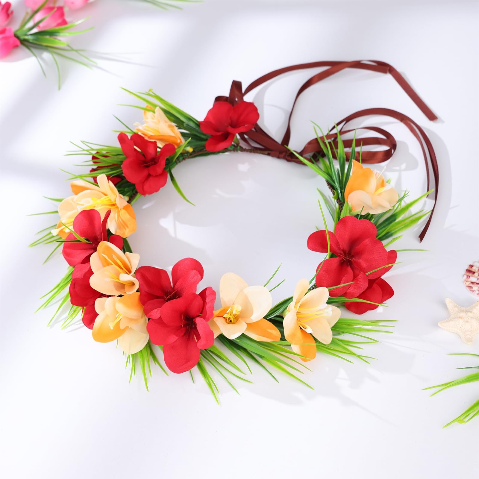 Hawaiian Leis Flower Crown Headband with Ribbon – General, Red+orange