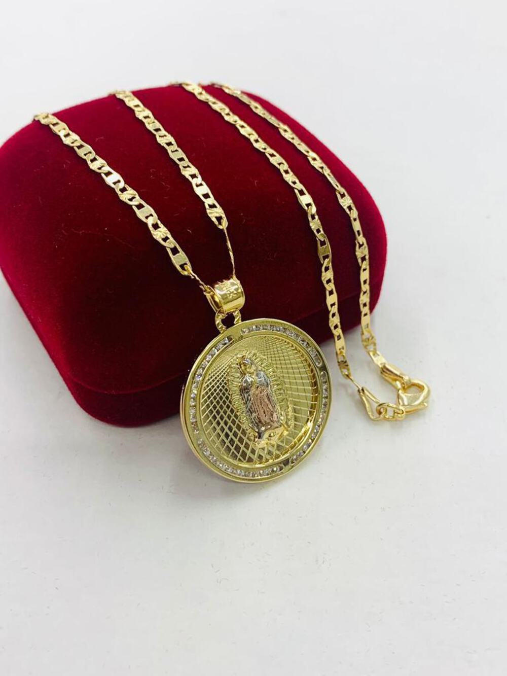 14K GOLD F VIRGEN DE GUADALUPE NECKLACE 24″ MEN’S CADENA DE GUADALUPE TRES OROS