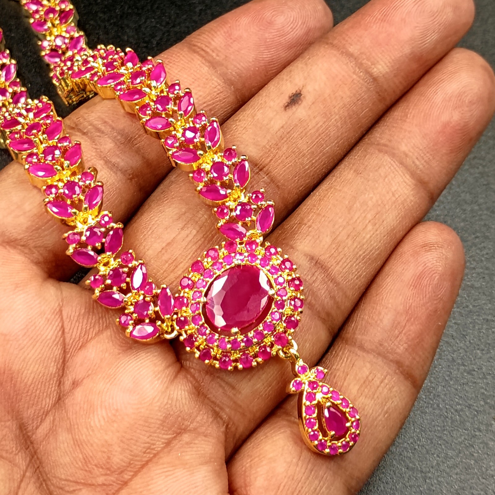 Traditional 22K Gold Plated Oval Red Ruby Necklace Set Bollywood Wedding Wear Gi