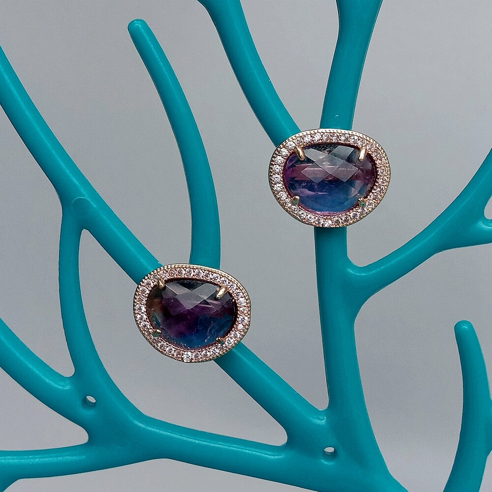 Natural Bezel Set Faceted Purple Amethyst Cubic Zirconia Pave Stud Earrings