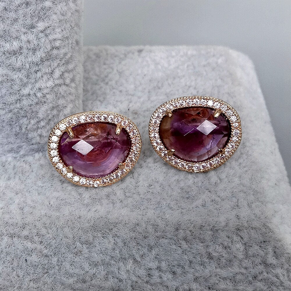 Natural Bezel Set Faceted Purple Amethyst Cubic Zirconia Pave Stud Earrings